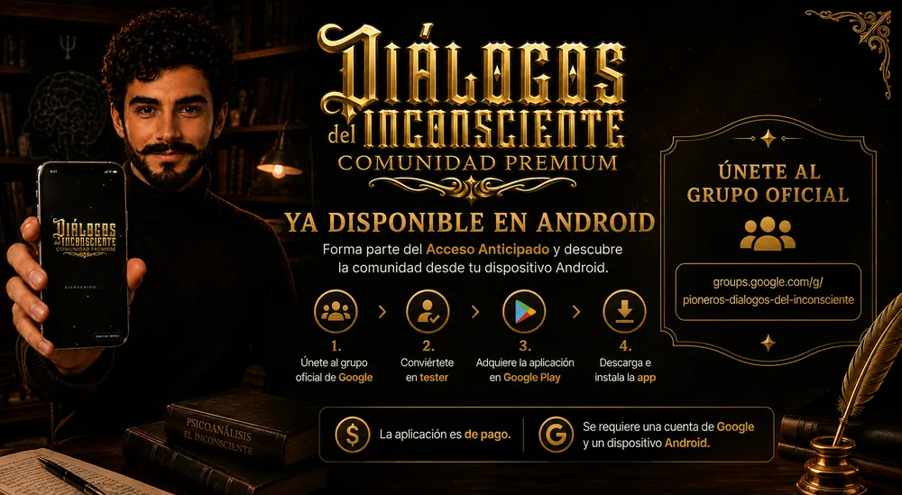 Diálogos del Inconsciente: Comunidad Premium. Ya disponible en Android. Únete al grupo oficial de Google, conviértete en tester, adquiere la aplicación en Google Play y descarga e instala la app.